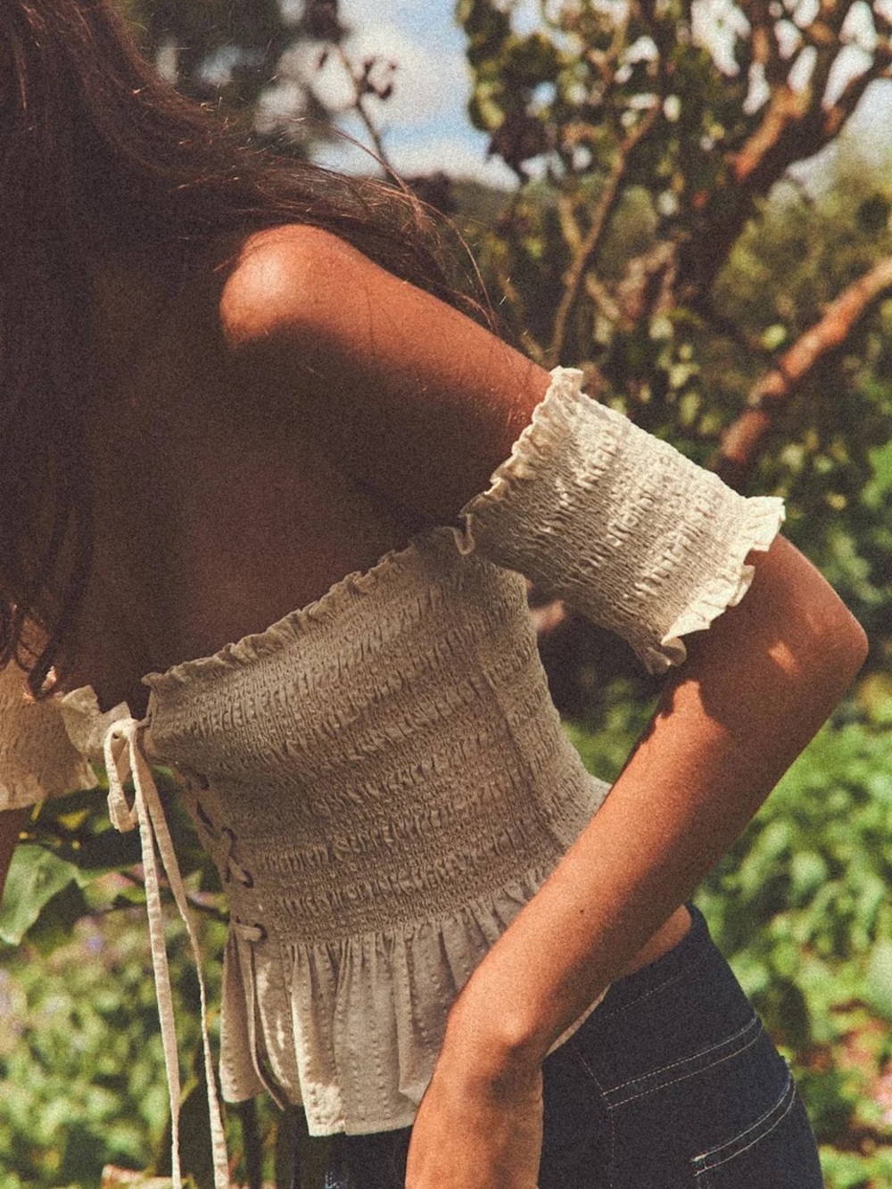 Zara Cream Off-Shoulder Lace-Up Smocked Peplum Crop Top - Picture 2 of 6